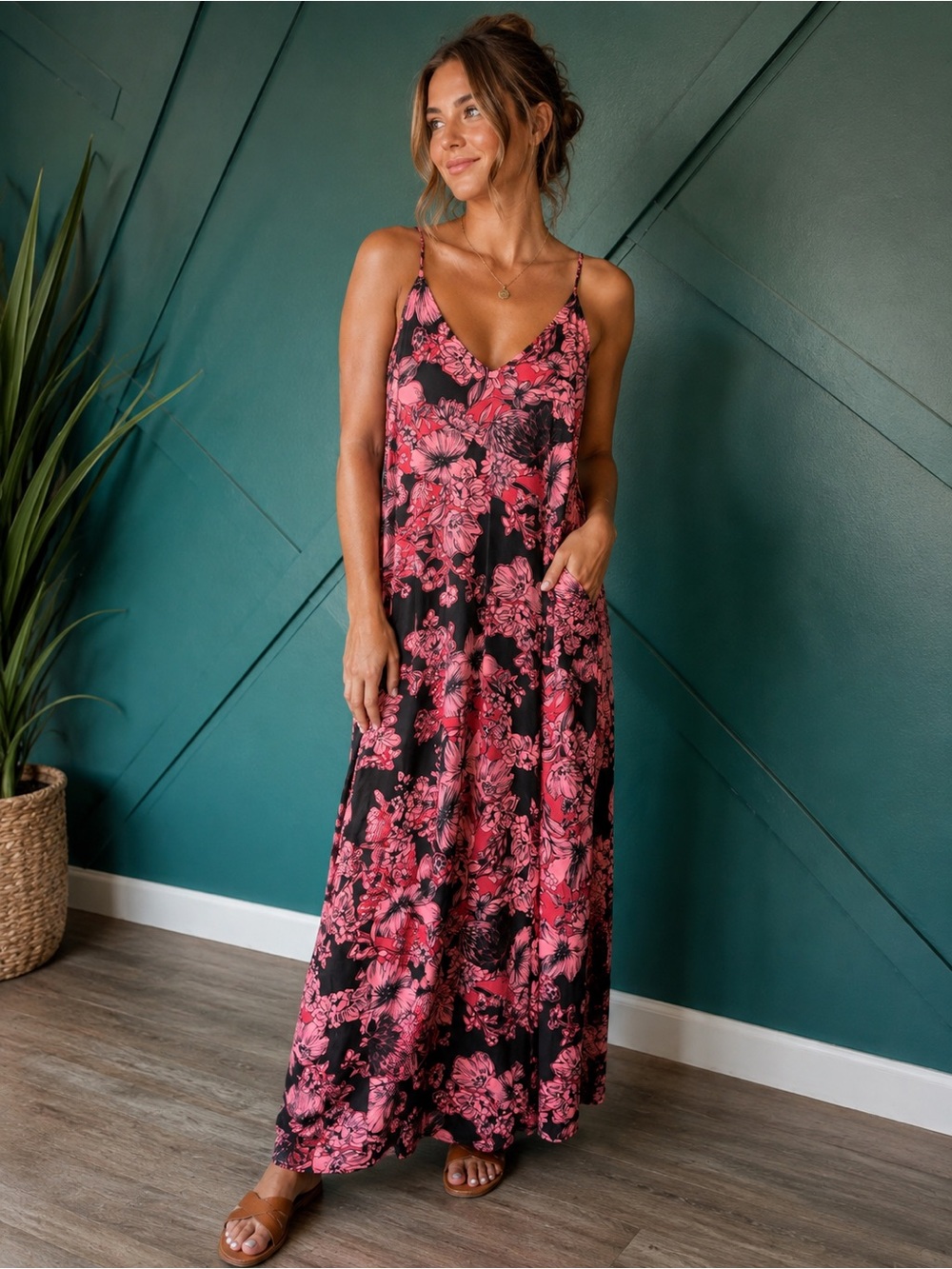 Chetta B Pink Floral Slip Maxi Dress on Black